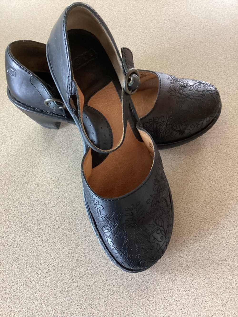 Born Simeon Hand-Tooled Black Leather Mary Jane Heel - Size 9